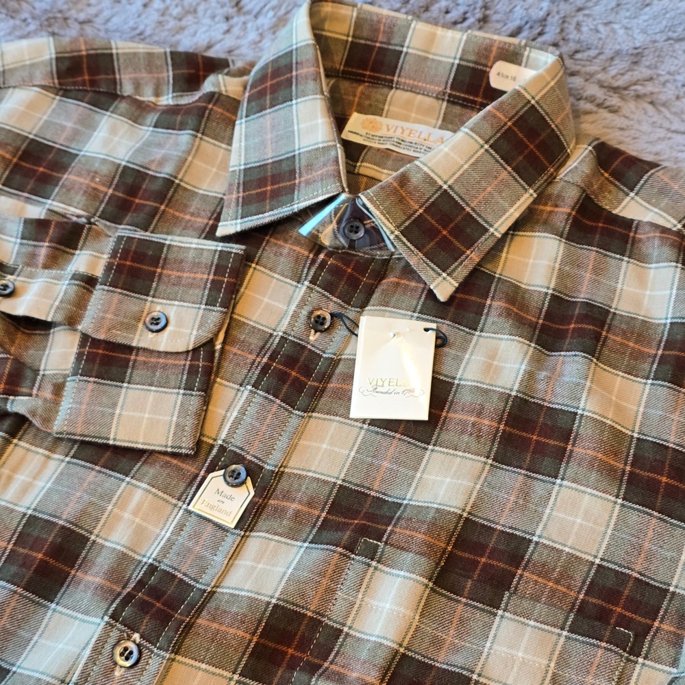 Viyella Mens Plaid Wool Cotton Button Down Shirt Brown Tan Made in England 16 L